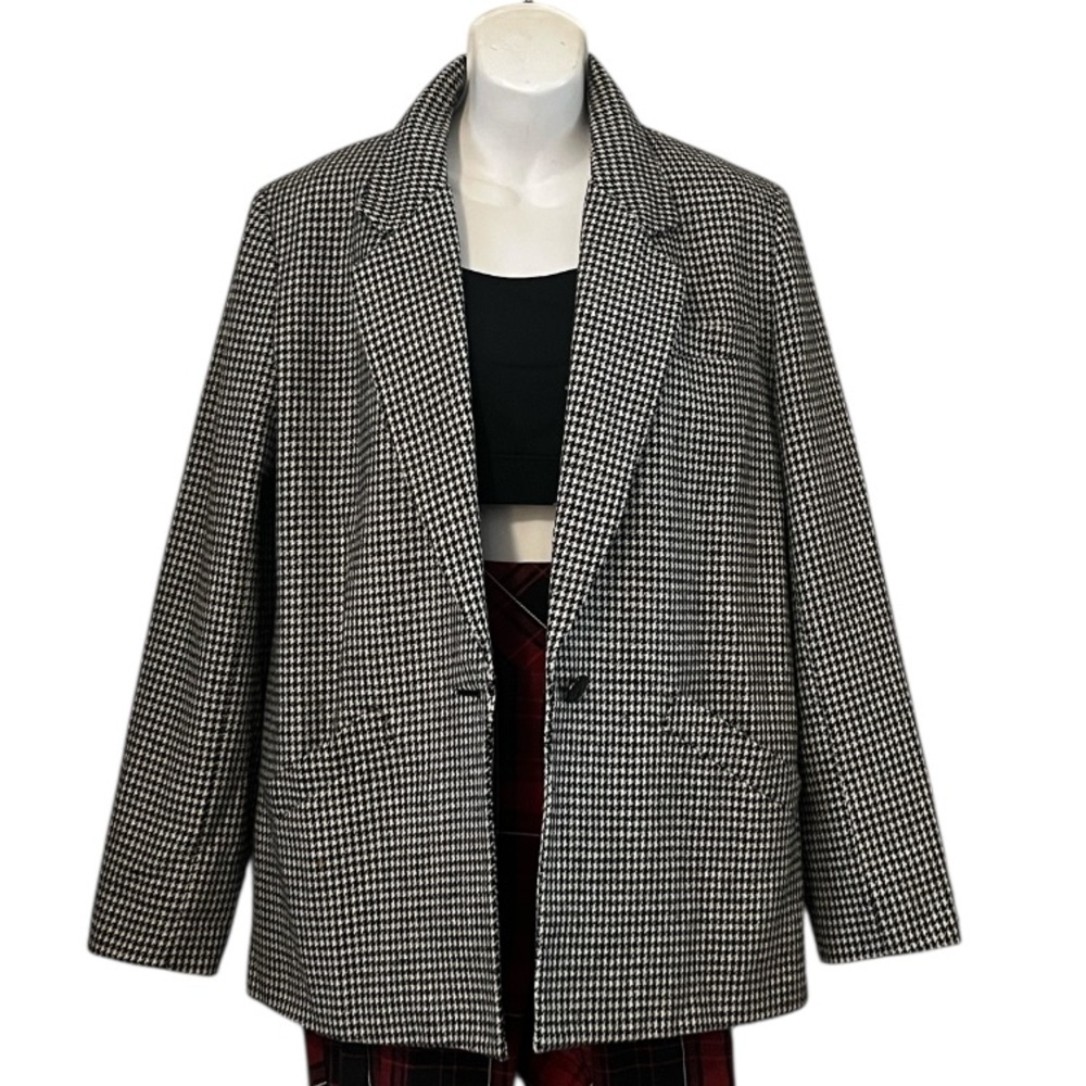 Alicia Woman’s Black & White Houndstooth Boxy One Button Blazer Suit Jacket